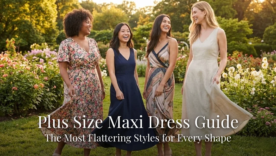 Plus size maxi dress guide: four women of different body shapes wearing flattering maxi dresses