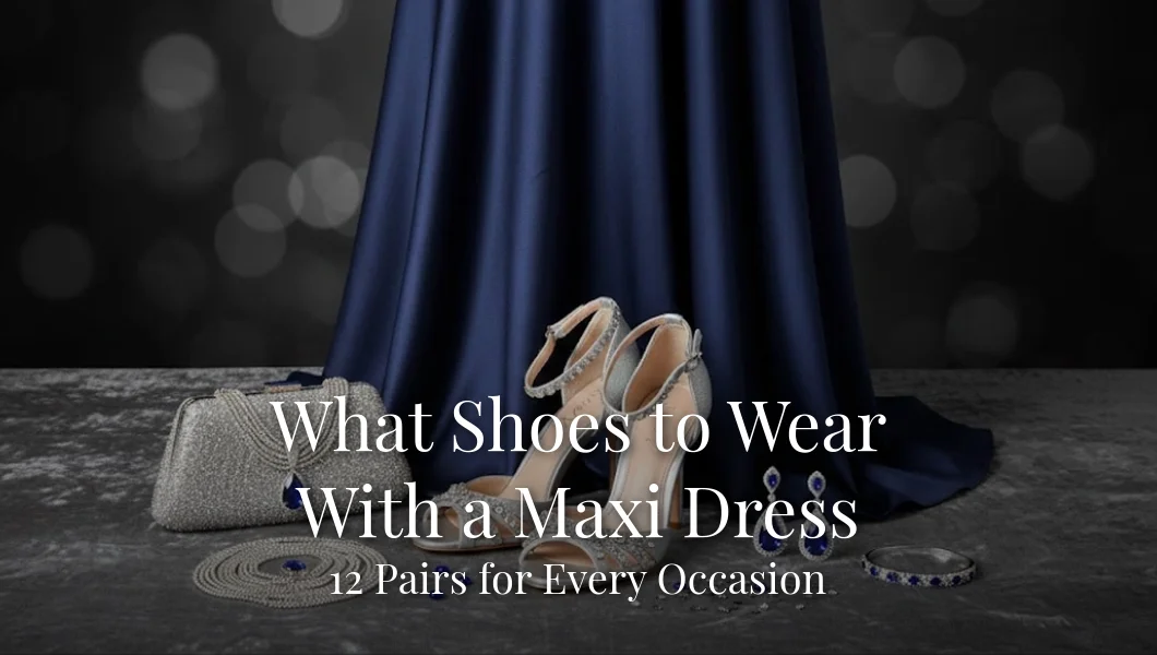 Shoes to wear with a maxi dress: silver strappy heels, clutch and jewellery beside a navy satin maxi dress